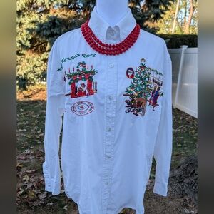 Vintage Christmas Eve Button Down Embroidery Shirt By Casey Coleman White